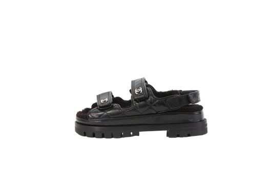 CHANEL DAD SANDAL BLACK LEATHER SHEARLING - 35 BR
