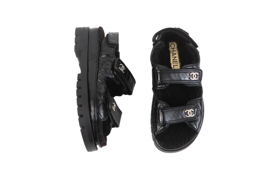 CHANEL DAD SANDAL BLACK LEATHER SHEARLING - 35 BR