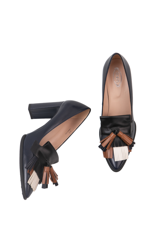 TOD'S COURO SALTO NAVY TASSEL TRICOLOR