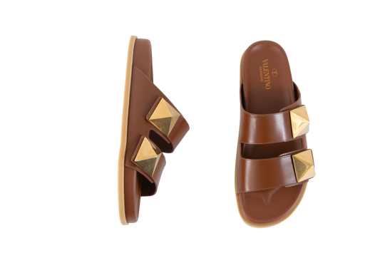 VALENTINO SLIDE IN BROWN STUD CARAMEL - 38 1/2 BR