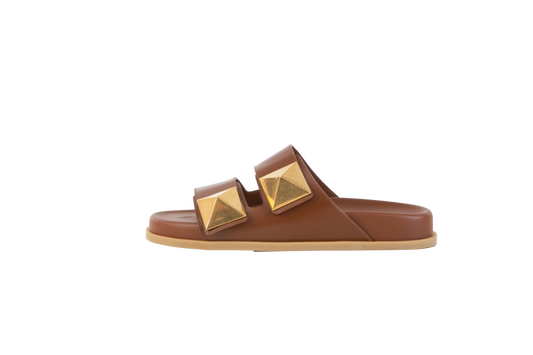 VALENTINO SLIDE IN BROWN STUD CARAMEL - 38 1/2 BR