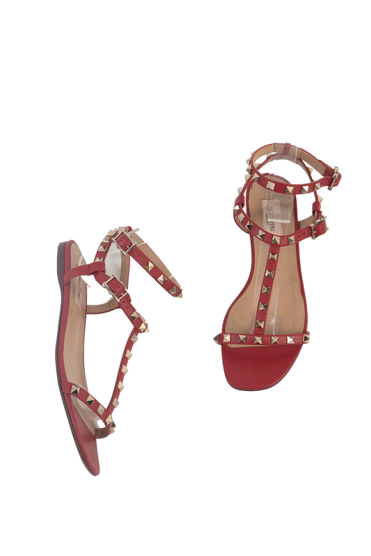 VALENTINO SANDAL FLAT ROCKSTUD RED