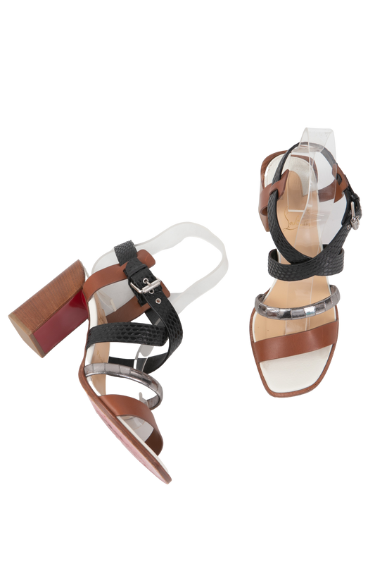 CHRISTIAN LOUBOUTIN SANDAL WOODEN STRAPS EMBOSSED - 38 BR