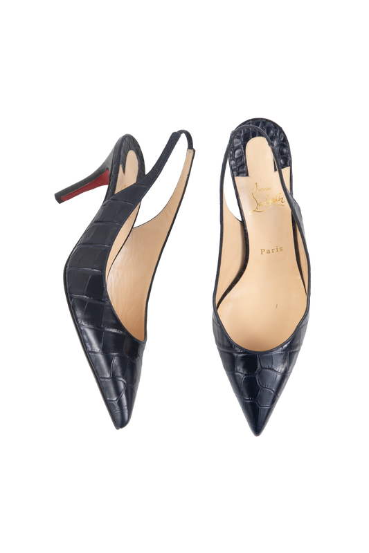 CHRISTIAN LOUBOUTIN SALTO EMBOSSED NAVY - 39 1/2 BR