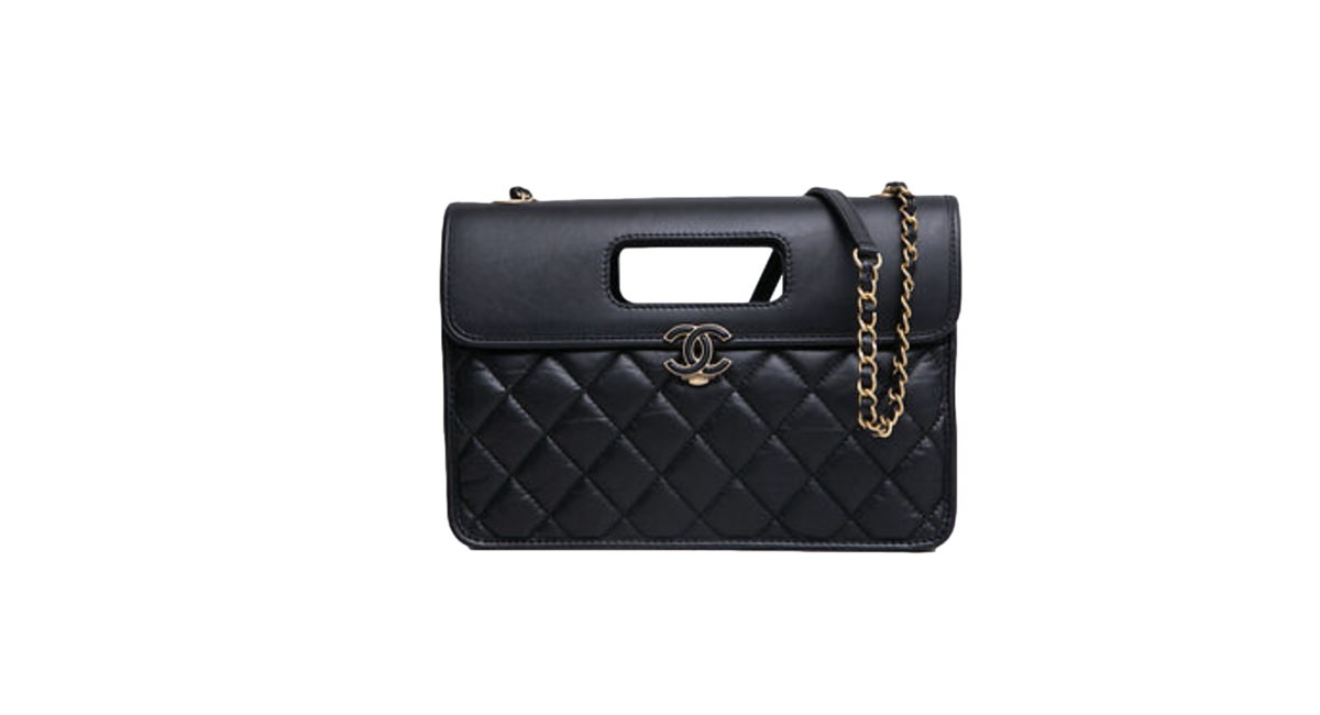 CHANEL AGED CALFSKIN GRAPHIC CATCH FLAP BLACK