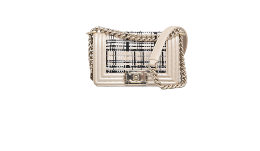 CHANEL BOY SMALL LAMBSKIN TWEED BEIGE