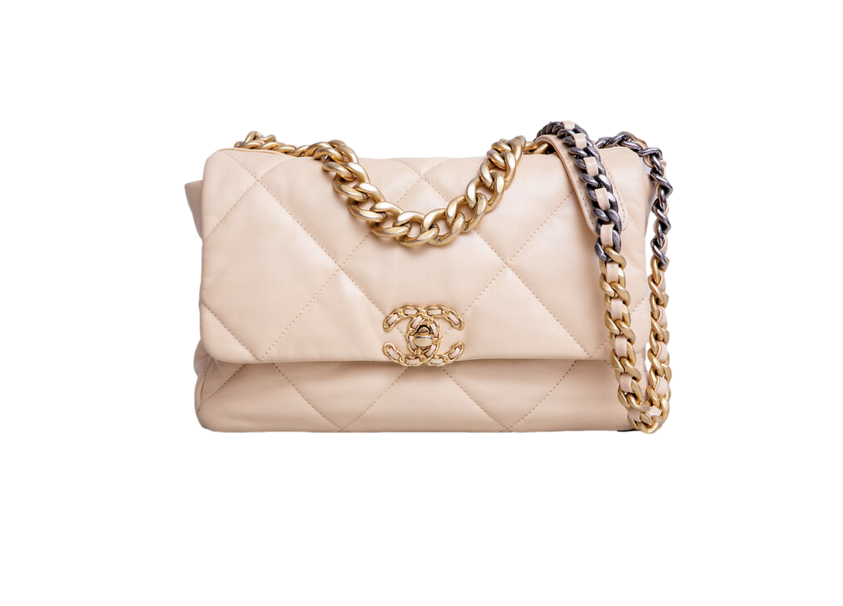 CHANEL 19 MEDIUM 3 FLAP BAG LAMBSKIN CREAM HDW GOLD 2020