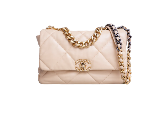 CHANEL 19 MEDIUM 3 FLAP BAG LAMBSKIN CREAM HDW GOLD 2020