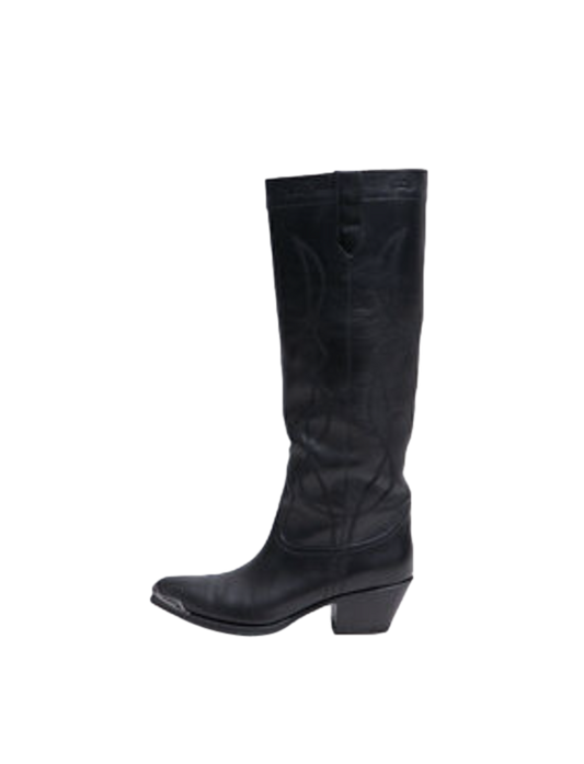CELINE HIGH BOOTS WESTERN W/METAL TOE IN BLACK - 38 BR