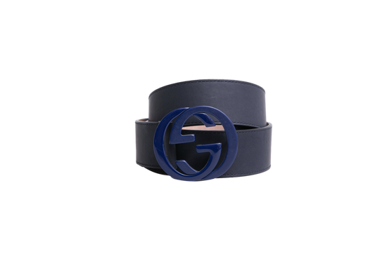 GUCCI BELT INTERLOCKING G LOGO LEATHER NAVY