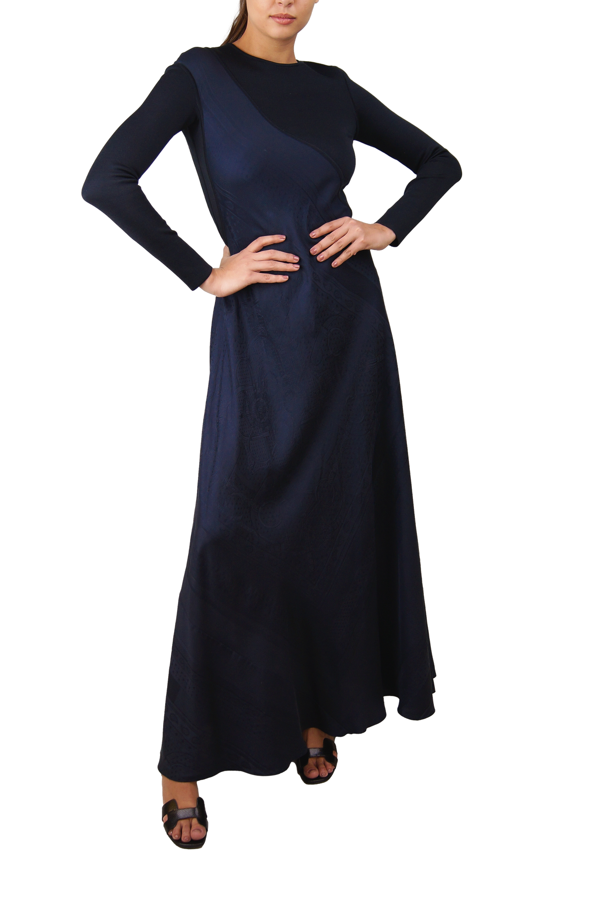 HERMES DRESS LONG FRILL NAVY