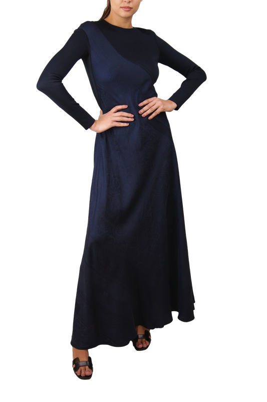 HERMES DRESS LONG FRILL NAVY