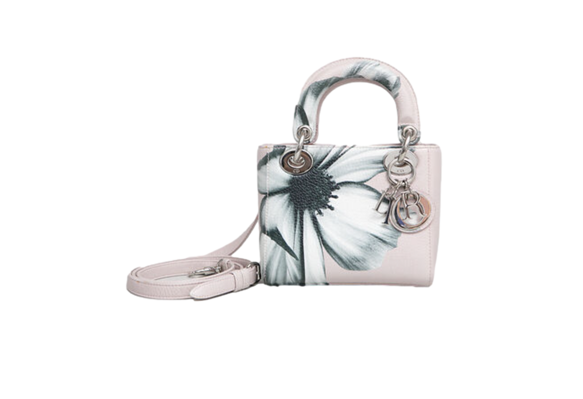 DIOR LADY DIOR MINI DEERSKIN FLORAL PRINTED PINK