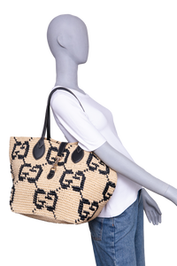 GUCCI SUMMER MEDIUM LEATHER-TRIMMED BASKET RAFFIA NATURAL/BLACK