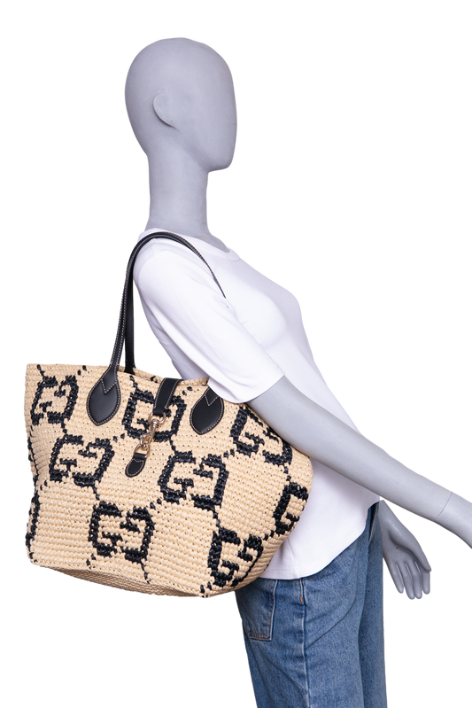 GUCCI SUMMER MEDIUM LEATHER TRIMMED BASKET RAFFIA NATURAL/BLACK