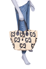 GUCCI SUMMER MEDIUM LEATHER-TRIMMED BASKET RAFFIA NATURAL/BLACK