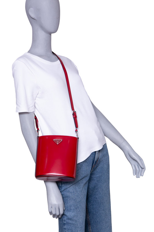 PRADA MINI BUCKET BAG BRUSHED LEATHER SCARLATTO
