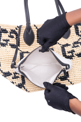 GUCCI SUMMER MEDIUM LEATHER-TRIMMED BASKET RAFFIA NATURAL/BLACK