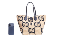 GUCCI SUMMER MEDIUM LEATHER-TRIMMED BASKET RAFFIA NATURAL/BLACK