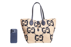 GUCCI SUMMER MEDIUM LEATHER-TRIMMED BASKET RAFFIA NATURAL/BLACK