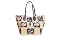 GUCCI SUMMER MEDIUM LEATHER-TRIMMED BASKET RAFFIA NATURAL/BLACK