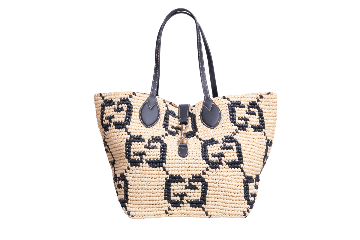 GUCCI SUMMER MEDIUM LEATHER-TRIMMED BASKET RAFFIA NATURAL/BLACK