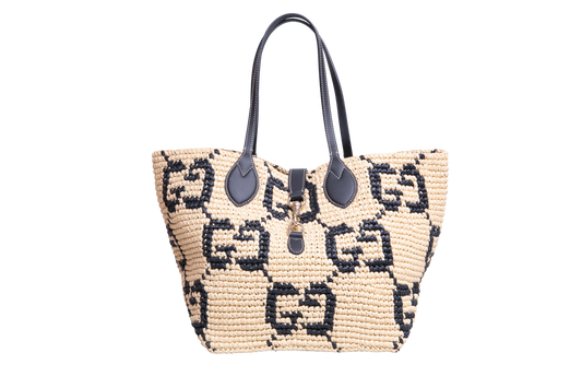 GUCCI SUMMER MEDIUM LEATHER TRIMMED BASKET RAFFIA NATURAL/BLACK