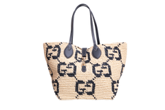 GUCCI SUMMER MEDIUM LEATHER-TRIMMED BASKET RAFFIA NATURAL/BLACK