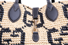 GUCCI SUMMER MEDIUM LEATHER-TRIMMED BASKET RAFFIA NATURAL/BLACK