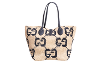 GUCCI SUMMER MEDIUM LEATHER-TRIMMED BASKET RAFFIA NATURAL/BLACK