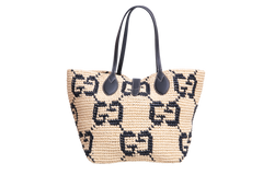GUCCI SUMMER MEDIUM LEATHER-TRIMMED BASKET RAFFIA NATURAL/BLACK