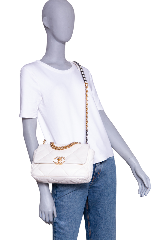 CHANEL 19 FLAP SMALL GOATSKIN IVORY PALLADIUM/GOLD HDWR