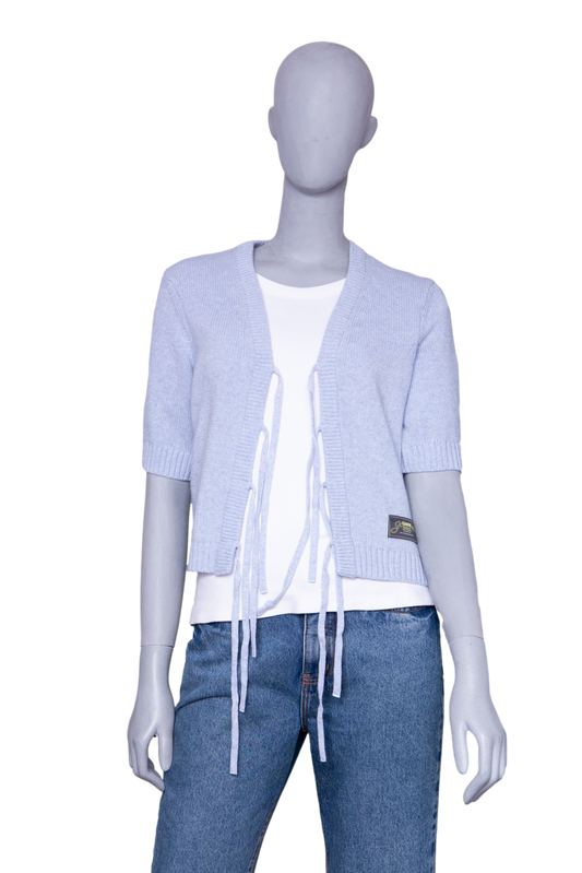 GANNI LIGHT BLUE FUTURE WOOL SHORT SLEEVE CARDIGAN