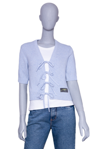 GANNI LIGHT BLUE FUTURE WOOL SHORT SLEEVE CARDIGAN