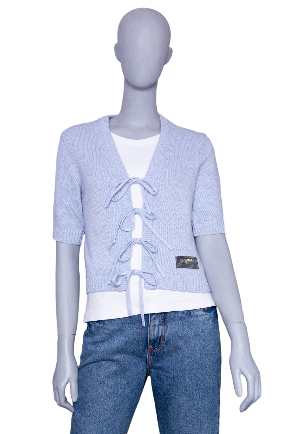 GANNI LIGHT BLUE FUTURE WOOL SHORT SLEEVE CARDIGAN