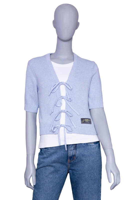 GANNI LIGHT BLUE FUTURE WOOL SHORT SLEEVE CARDIGAN