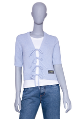GANNI LIGHT BLUE FUTURE WOOL SHORT SLEEVE CARDIGAN
