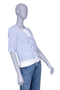 GANNI LIGHT BLUE FUTURE WOOL SHORT SLEEVE CARDIGAN