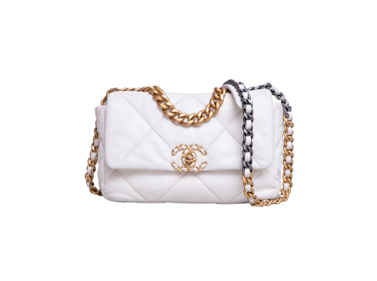 CHANEL 19 FLAP SMALL GOATSKIN IVORY PALLADIUM/GOLD HDWR