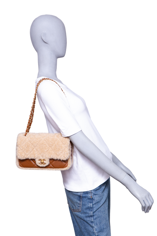 CHANEL SHEARLING LAMBSKIN QUILTED FURRY COCO SMALL BROWN