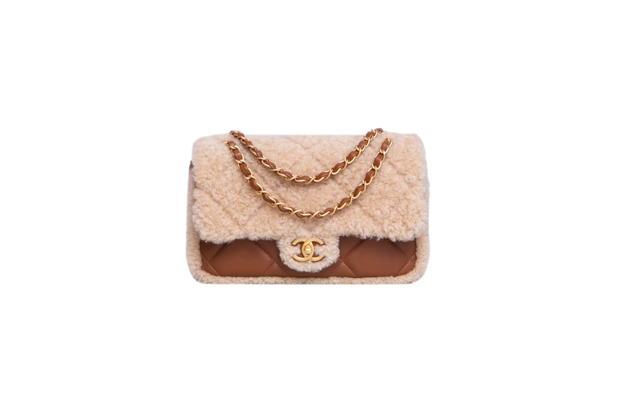 CHANEL SHEARLING LAMBSKIN QUILTED FURRY COCO SMALL BROWN