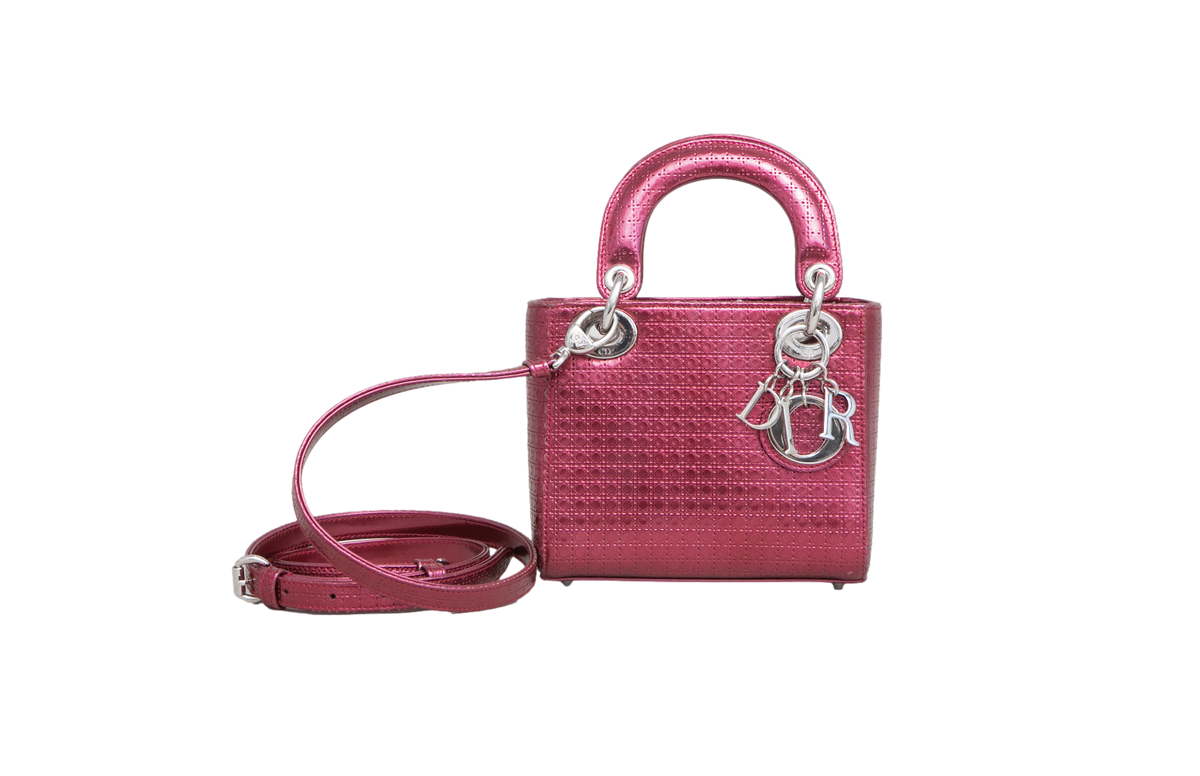 DIOR METALLIC PATENT MICRO CANNAGE MINI LADY DIOR FUCHSIA