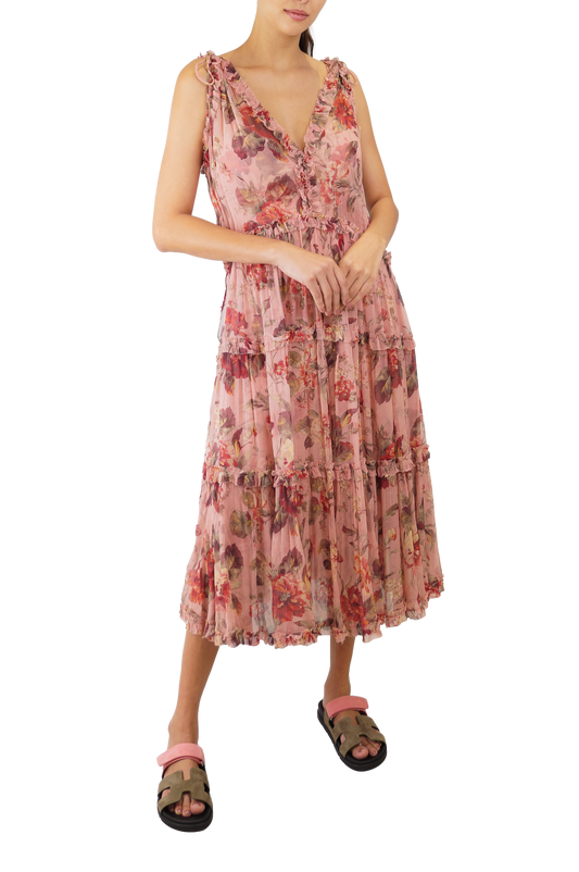 ZIMMERMANN DRESS SILK PINK WITH RED ROSES