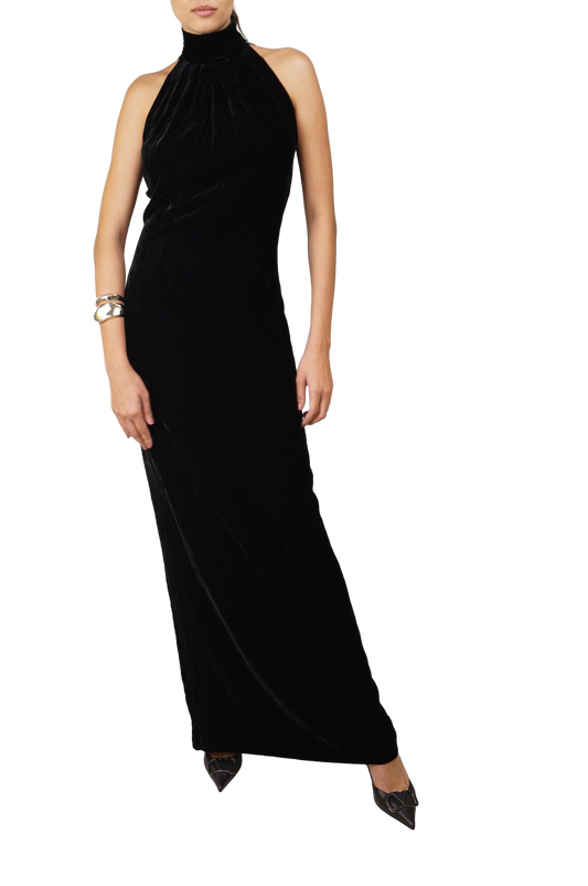 CHRISTIAN DIOR LONG DRESS BLACK VELVET COLLAR