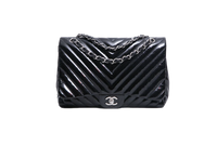 CHANEL CLASSIC JUMBO CHEVRON PATENT LEATHER BLACK