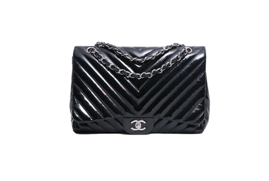 CHANEL CLASSIC JUMBO CHEVRON PATENT LEATHER BLACK