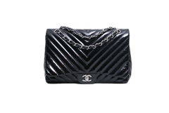 CHANEL CLASSIC JUMBO CHEVRON PATENT LEATHER BLACK