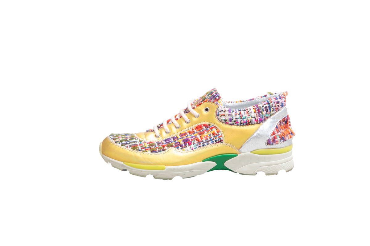 DESAPEGO THASSIA NAVES CHANEL SNEAKER TWEED RAINBOW METALLIC GOLD & SILVER TRIM LACE-UP - 37 BR