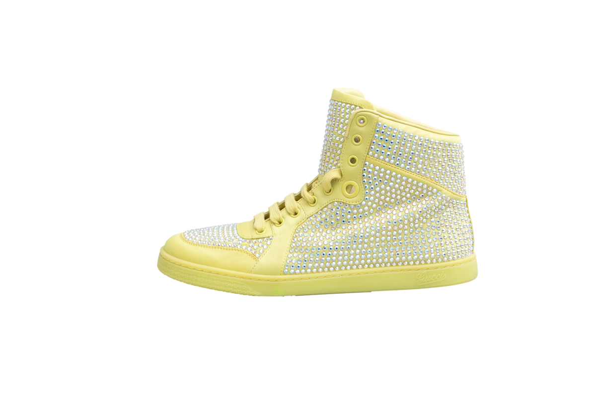 DESAPEGO THASSIA NAVES GUCCI SNEAKER SATIN CRYSTAL EMBELLISHED HIGH TOP LIME RARE - 38 BR