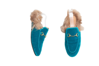 DESAPEGO THASSIA NAVES GUCCI MULE FLAT PRINCETOWN BLUE VELVET AND FUR LINED - 38 BR